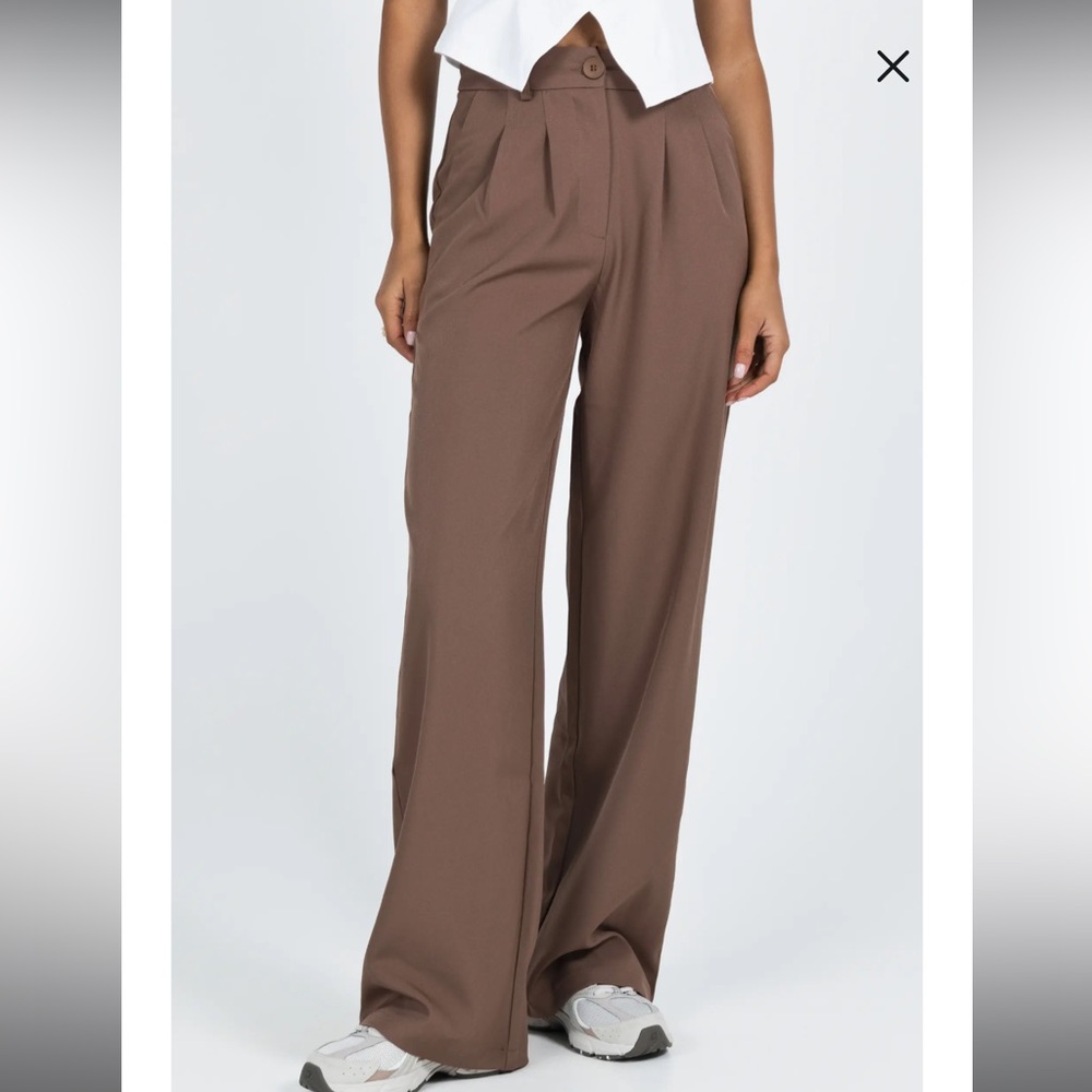 Princess Polly Archer Pleated High Waist Straight Leg Pants- Brown - Size 0